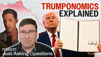 A gray background with a red line representing stock prices trending downwards. Pictures of Zach Weissmueller, Phil Magness, and Trump (holding a signed executive order) are in the foreground. The Just Asking Questions logo is in the lower left corner and the words "Trumponomics Explained" are in red and black in the upper right corner | Graphic by Adani Samat