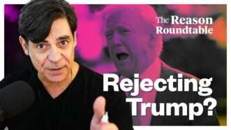 Nick Gillespie in front of a picture of Donald Trump, with text saying "Rejecting Trump?" | lllustration: Eddie Marshall | Aaron Schwartz | ZUMAPRESS | Newscom
