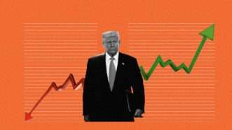 President Donald Trump, with line graphs on either side of him. On one side, a red arrow is going down, while on the other side, a green arrow is going up. | llustration: Eddie Marshall | ALEXANDER DRAGO | UPI | Newscom | Midjourney