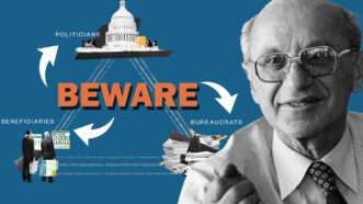 Milton Friedman with the Iron Triangle of Politics | Illustration: Lex Villena